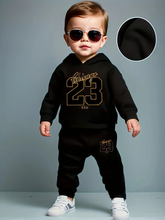 Baby boy long sleeved size 23 digital pattern fleece long sleeved hooded sweatshirt+long pants two-piece set suitable for casual