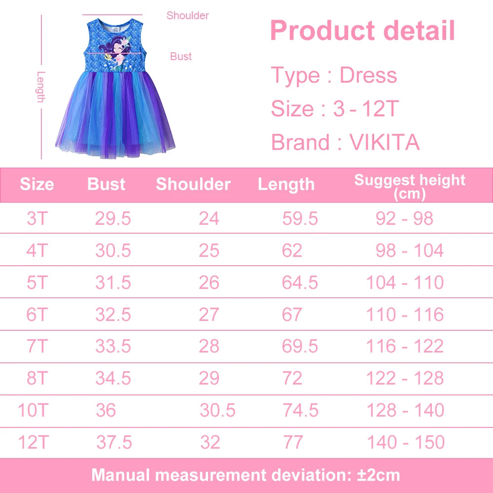 VIKITA Girls Mermaid Scale Print Dress Kids Sleeveless Summer Cartoon Blue Purple Ombre Tulle Princess Party Beach Casual Frocks