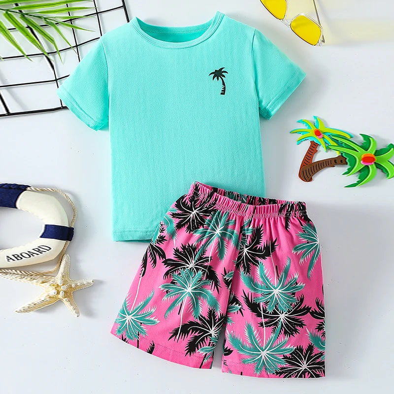 Children's summer leisure sports printed short sleeved shorts set, boys and girls vacation style fashionable T-shirt pants