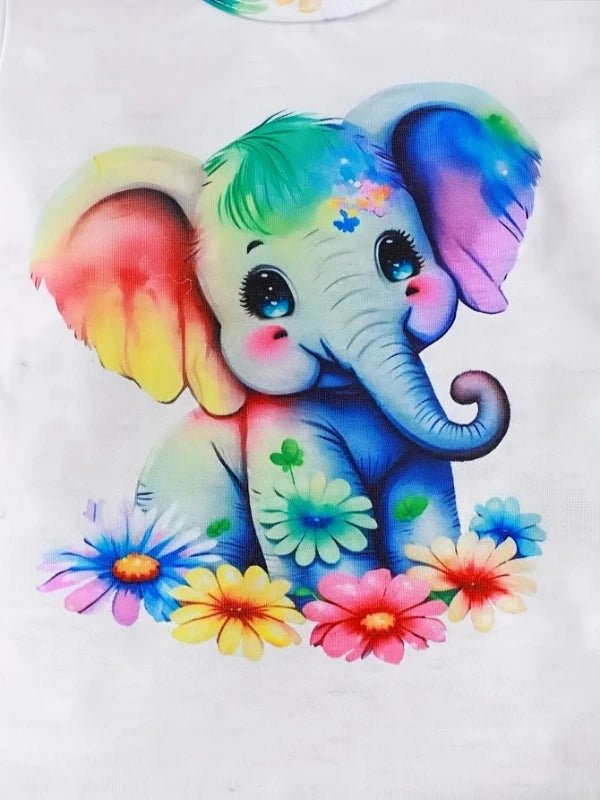Newborn Baby 3-Piece Outfit Set: Watercolor Elephant Bodysuit + Floral Shorts + Bow Headband  - Cute Spring/Summer Clothes