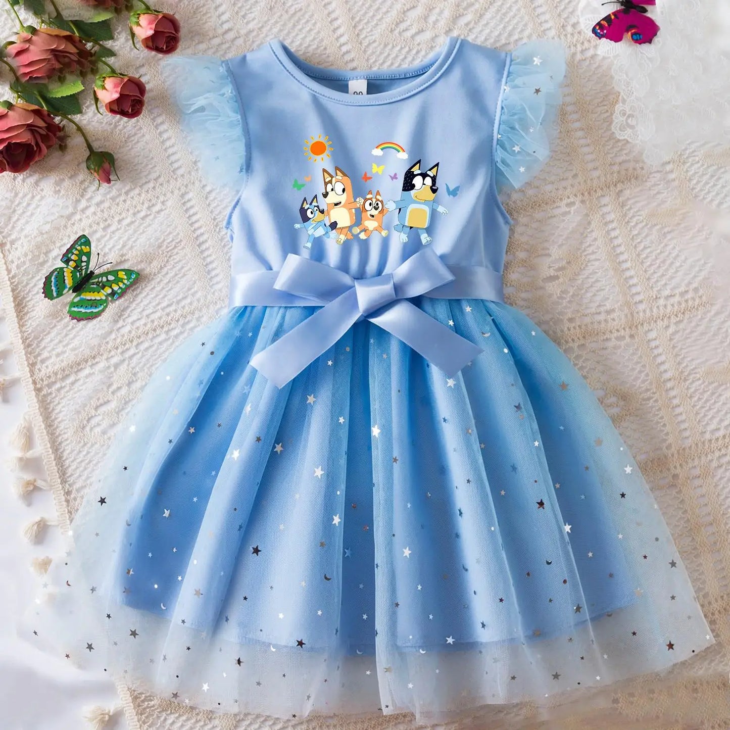 Bluey Girls Sequin Tutu Dress with Bow Flutter Sleeves Summer Princess Party Outfit for Toddler Kids 2-6 Years