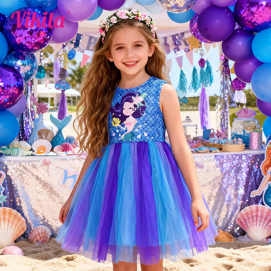 VIKITA Girls Mermaid Scale Print Dress Kids Sleeveless Summer Cartoon Blue Purple Ombre Tulle Princess Party Beach Casual Frocks