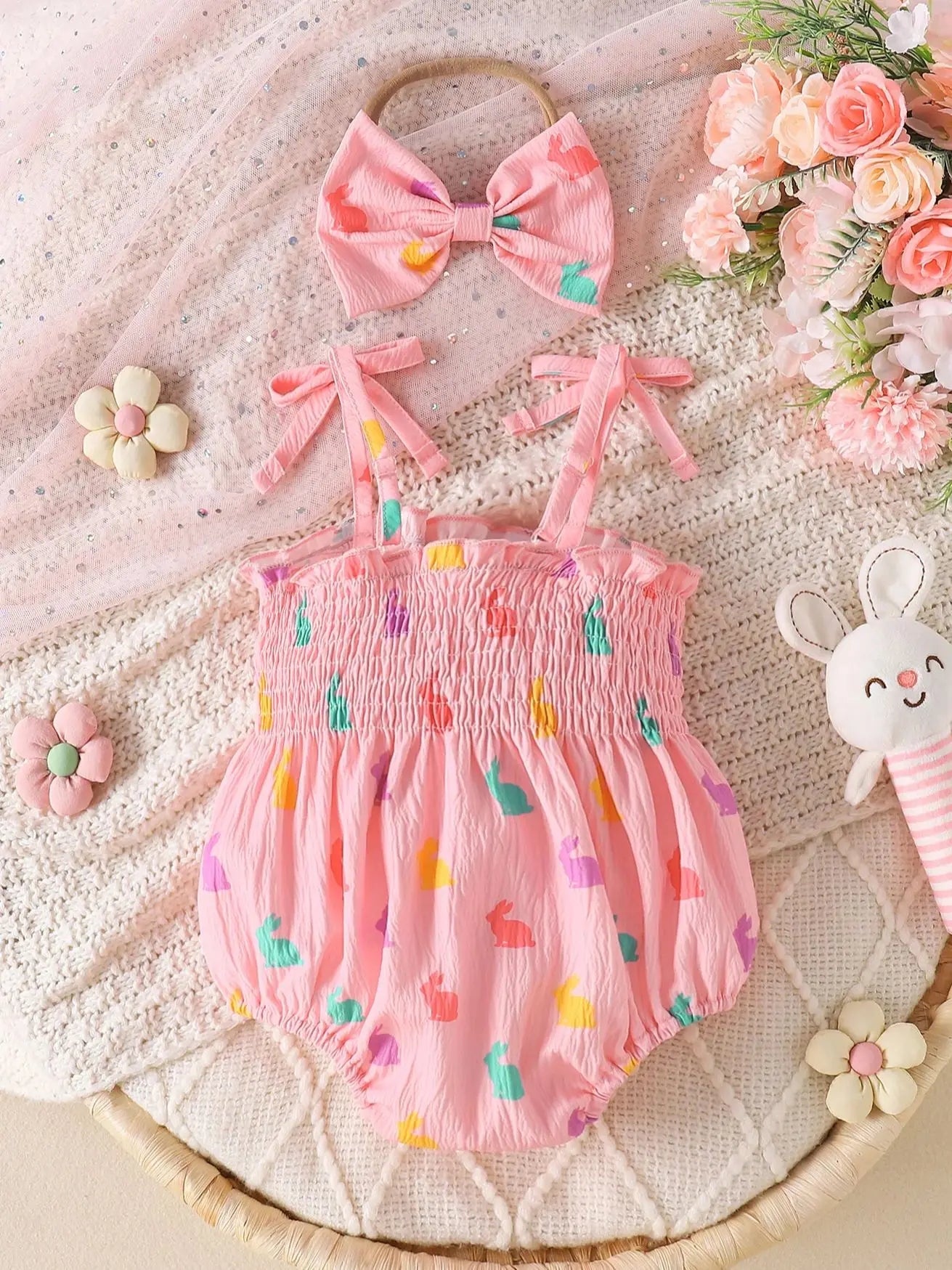 Newborn Baby Girl Rabbit Print Romper Set, Ruffled Sling Bodysuit with Bow Headband, Soft Cotton Summer Outfit for Infant