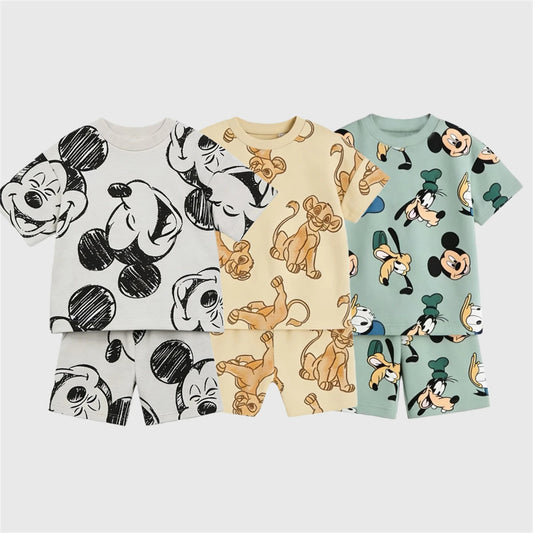 Disney Boys And Girls Suits Full Print Tracksuits Cartoon Tshirt+Shorts 2Piece Set Summer Clothes Lovely Tees Loose Shorts Kids