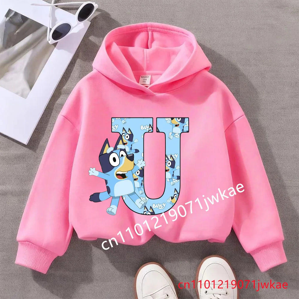 Kids Bluey Letter ABCD Pattern Printing Hooded Sweatshirt Fall Winter Warm Soft Pullover Comfortable Playwear for Boys Girls