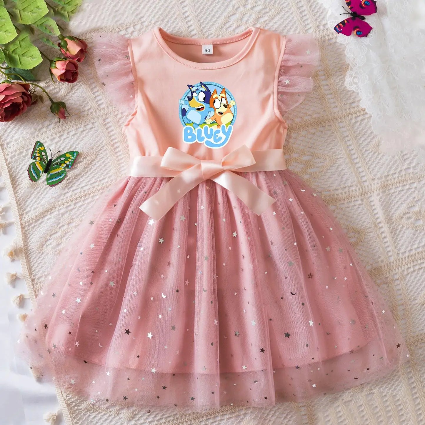 Bluey Girls Sequin Tutu Dress with Bow Flutter Sleeves Summer Princess Party Outfit for Toddler Kids 2-6 Years