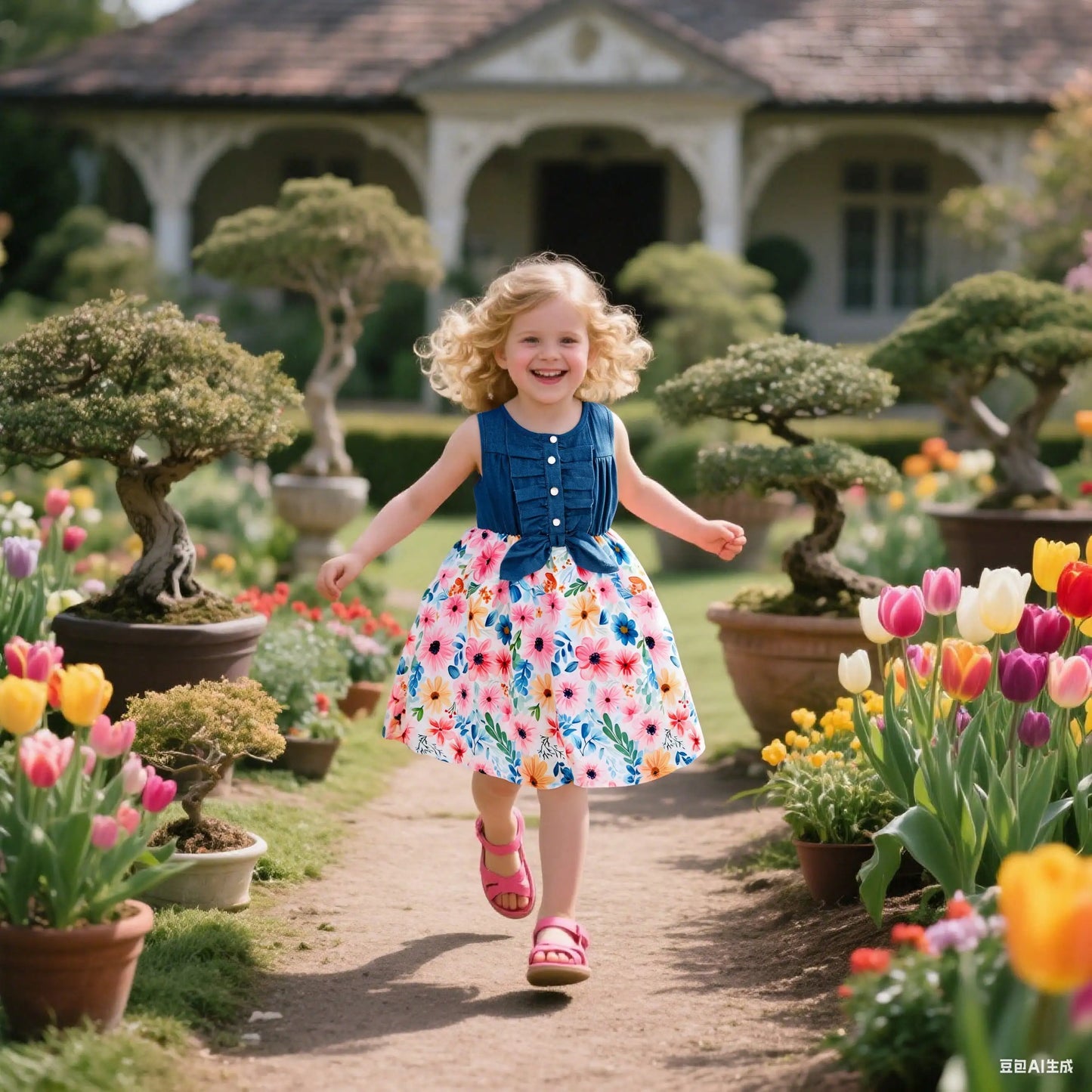 Girls Summer Dresses Sleeveless Butterfly Flower Print Dress for Girls Casual Denim Splicing Skirt Children Clothes