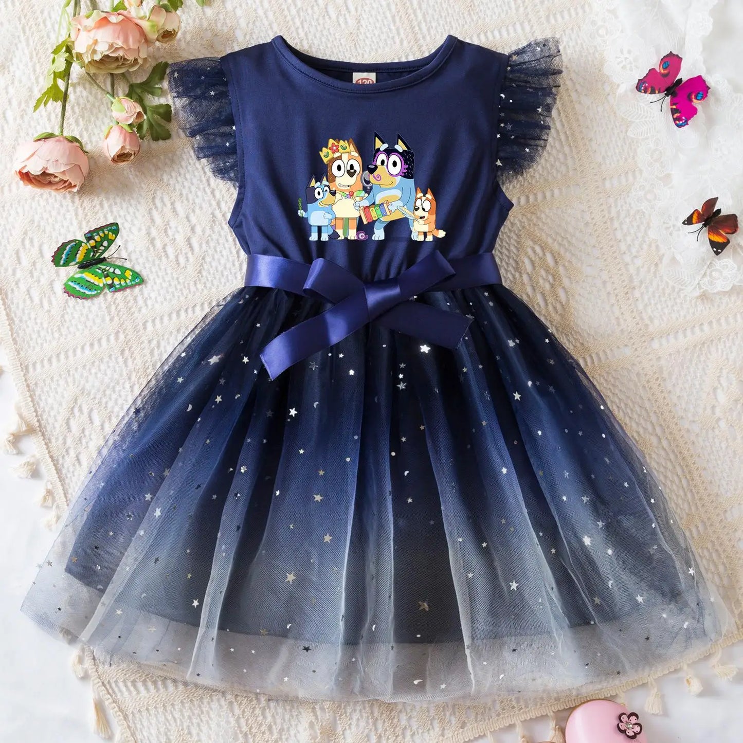 Bluey Girls Sequin Tutu Dress with Bow Flutter Sleeves Summer Princess Party Outfit for Toddler Kids 2-6 Years