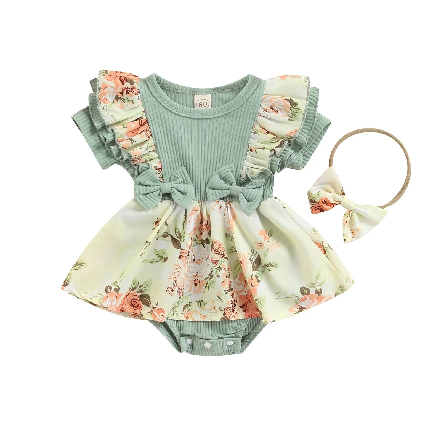 Summer Infant Baby Girls Dress Flying Sleeve Bodysuit + Bow Headband Flower Pattern Ruffle Sweet Style Clothing