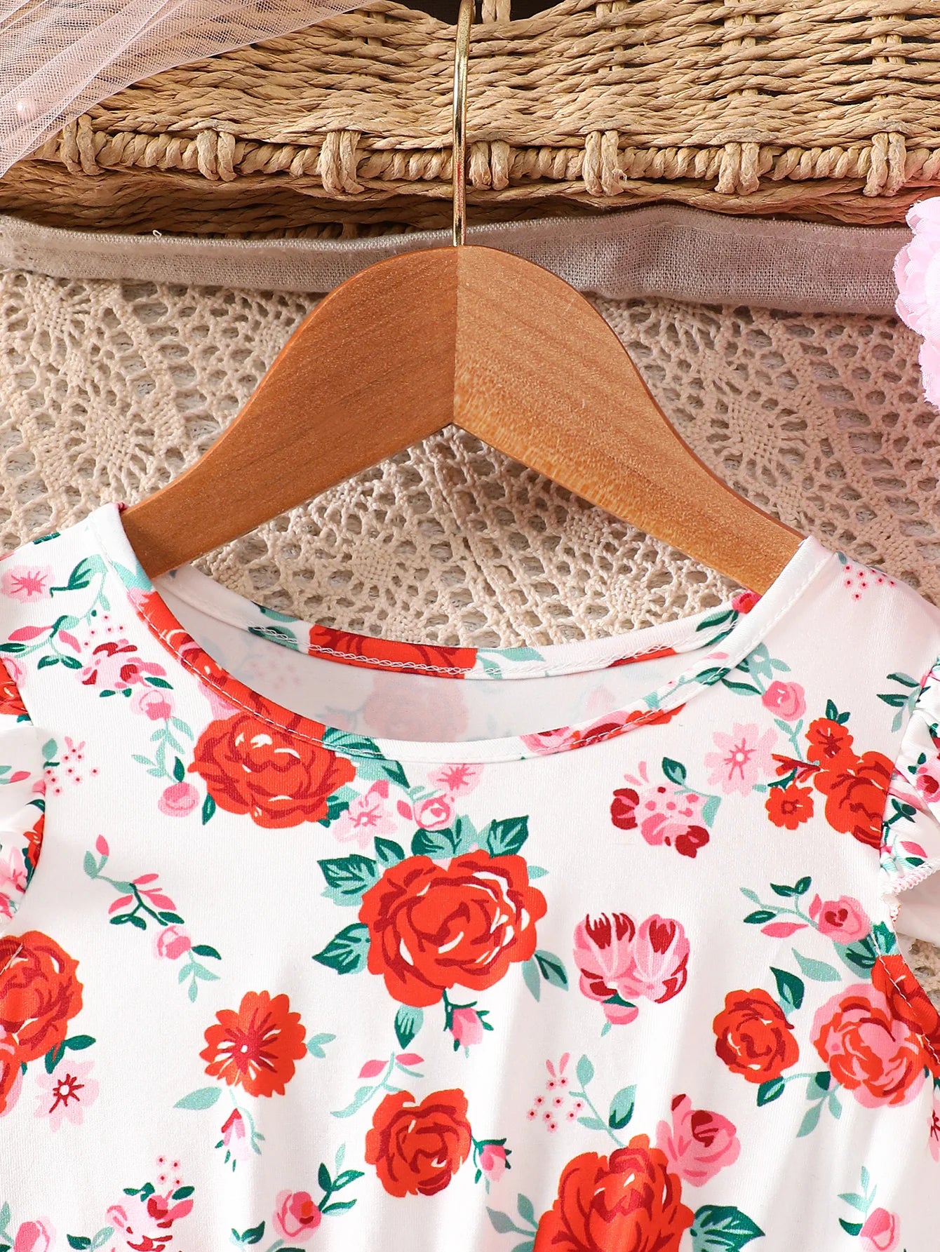 Girls' Spring and Summer Casual Fashion Knitted Round Neck Sleeveless Flutter Sleeve Ruffle Floral Print Mesh Dress Beach Vacation Party Gift