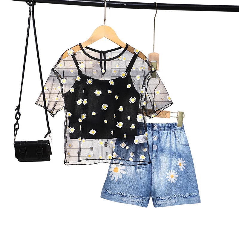 Three Piece Set Of Cute And Fresh Thin Printed Pullover, Solid Color Tank Top, And Printed Shorts For Girls And Children
