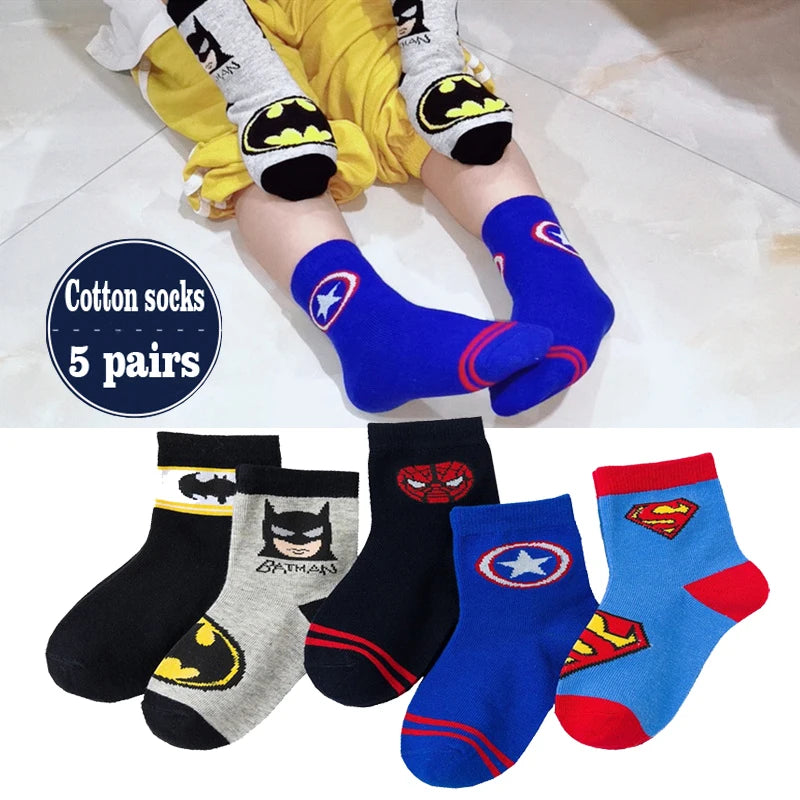 Baby Socks Spiderman Cartoon Anime Hero 5Pairs Cotton Boys Tube Socks Children Autumn Winter Kids Socks