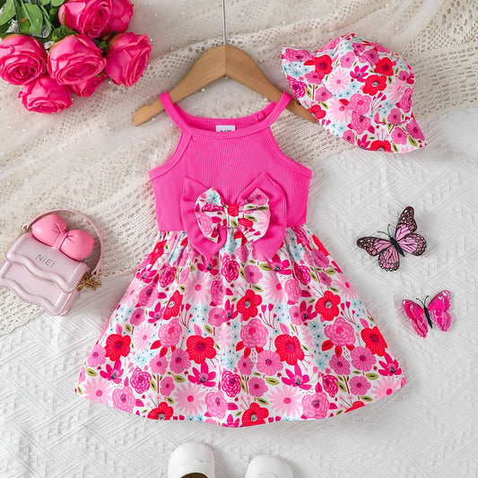Summer Baby Girl Dress Sleeveless Bow Flower Dress+Hat 0-3 Year Old Toddler Baby Girl Beach Vacation Casual Dress