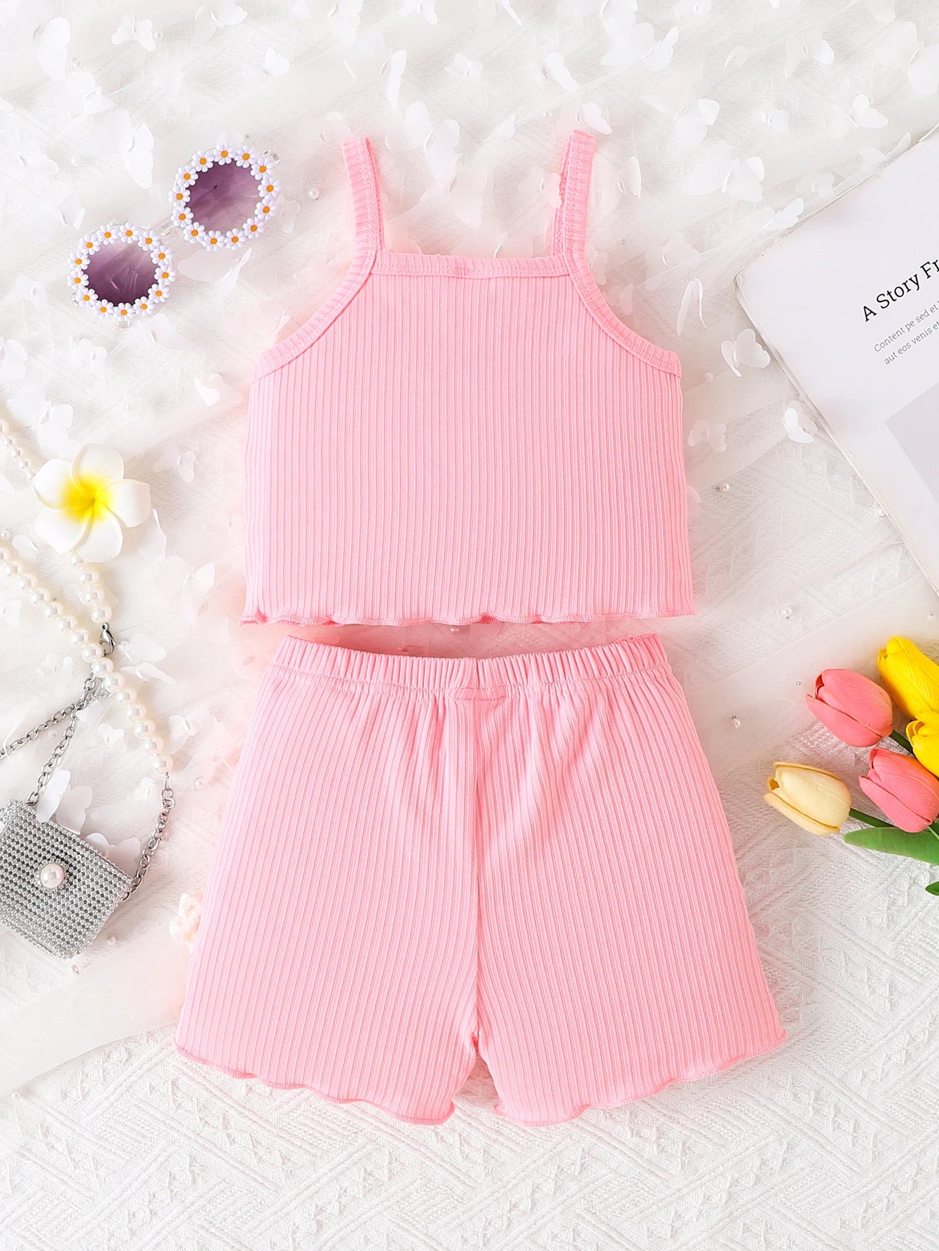 Toddler Girls' 2-Piece Set Pink Ribbed Camisole & Shorts Flower Embellish 1-4Y