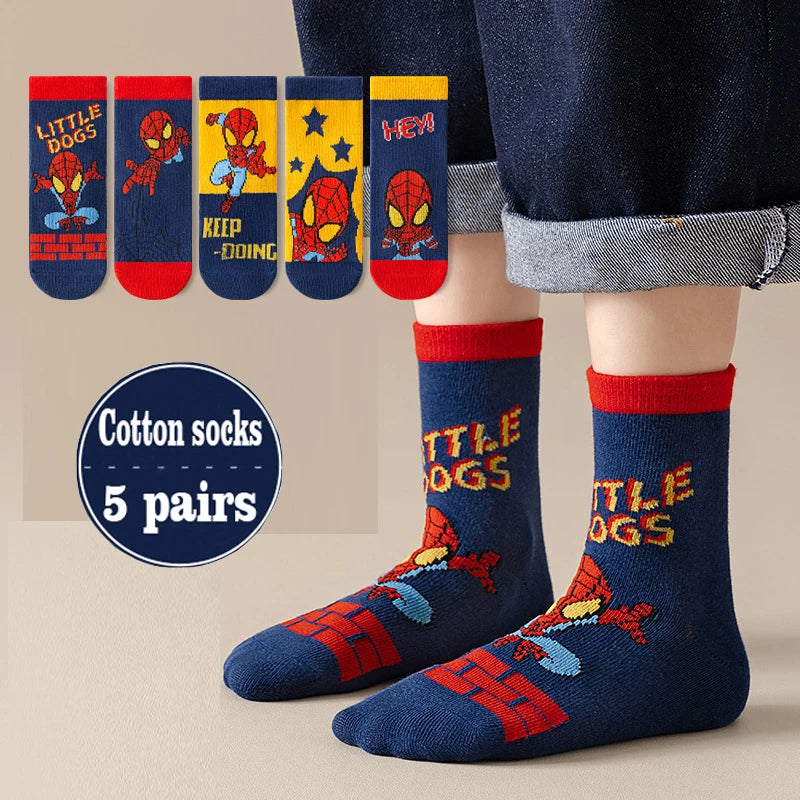 Baby Socks Spiderman Cartoon Anime Hero 5Pairs Cotton Boys Tube Socks Children Autumn Winter Kids Socks
