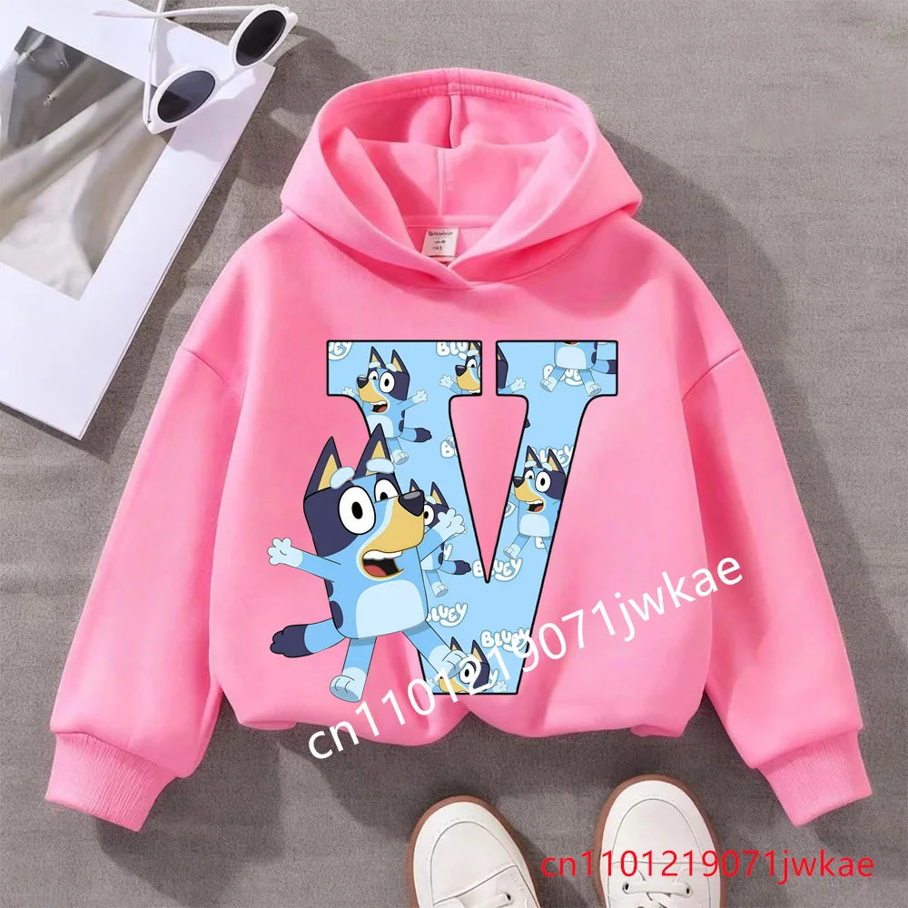 Kids Bluey Letter ABCD Pattern Printing Hooded Sweatshirt Fall Winter Warm Soft Pullover Comfortable Playwear for Boys Girls