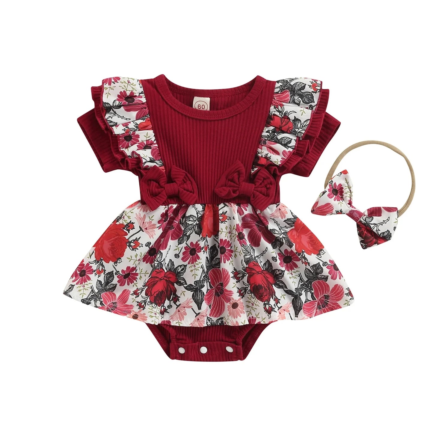 Summer Infant Baby Girls Dress Flying Sleeve Bodysuit + Bow Headband Flower Pattern Ruffle Sweet Style Clothing