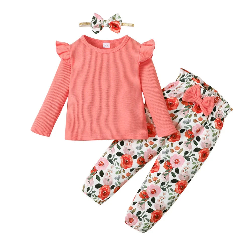 Toddler Girl Clothes Set Long Sleeve Solid Color Top+Floral Pants  Fashion Spring & Autumn Little Girl Clothing Outfit