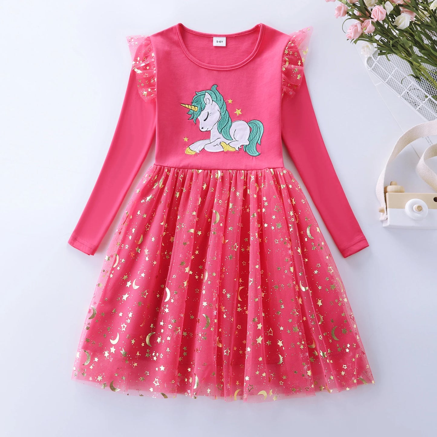 Girls' Autumn New Cotton Embroidered Cartoon Unicorn Mesh Dress