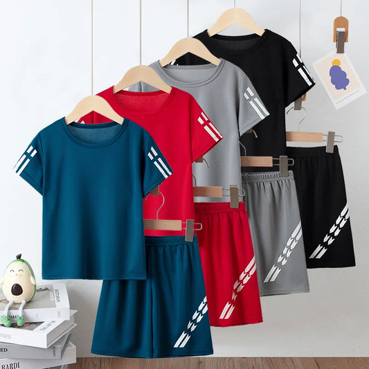 Boys Summer Solid Color Quick Drying Breathable Set Big Kids' Loose Sports Running Hiking Outdoor Short sleeved Shorts