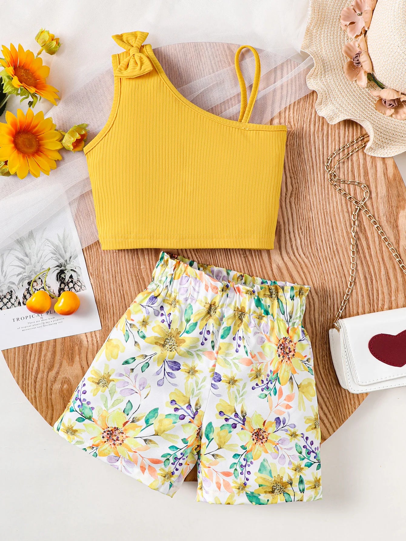 Summer Kids Girl Clothes Set Suspenders Bow Top+Flower Shorts Fashion Sense Design Party Costume For Child Girls 1-8 Years