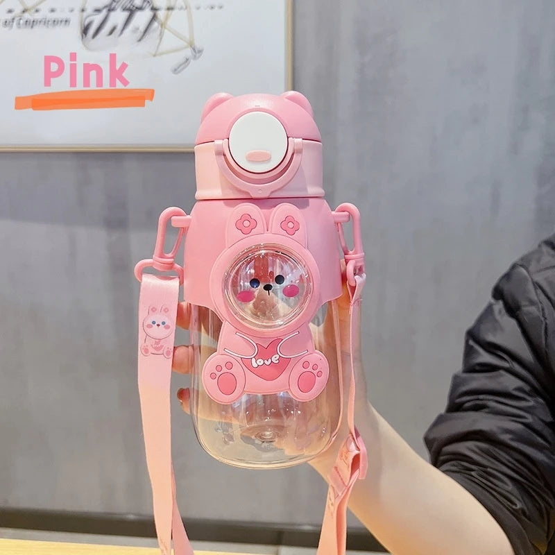 660ml Portable Cartoon Animal Leak-proof Water Bottle Safety Lock Cute Straw Cup Kids Drinking Jug For Outdoor Camping Travel