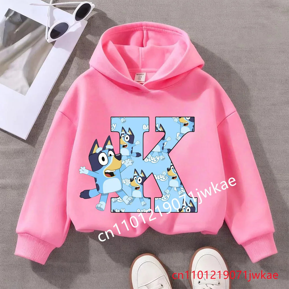 Kids Bluey Letter ABCD Pattern Printing Hooded Sweatshirt Fall Winter Warm Soft Pullover Comfortable Playwear for Boys Girls