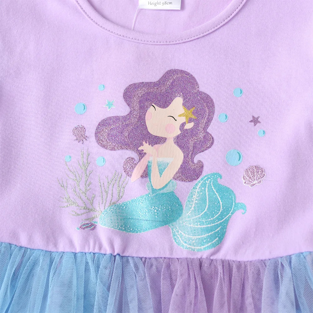 VIKITA Kids Princess Party Daily Summer Tutu Dress Girl Mermaid Purple Costumes Kids Elegant Tulle Mesh Prom Gown 3-10 Yrs