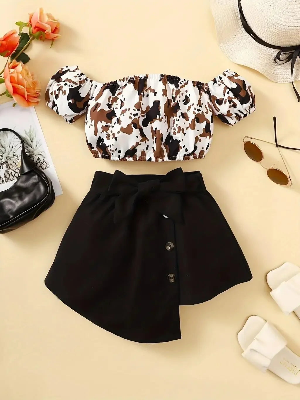 Toddlers Girl Summer Clothes Set Off Shoulder Leopard Print Top+Short Skirt with Bow Birthday Party Wear for Kids 1-4 Years