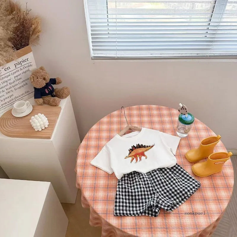 Baby Clothes Set Newborn Boys Casual Dinosaur Print Short Sleeved T-shirt+plaid Shorts Toddler Girl Summer Kids Outfit Set