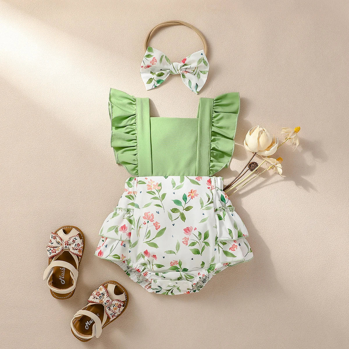 Baby Girls Sleeveless Print Flower rompers For 0-1Y baby newborn items Casual Jumpsuit +Headband