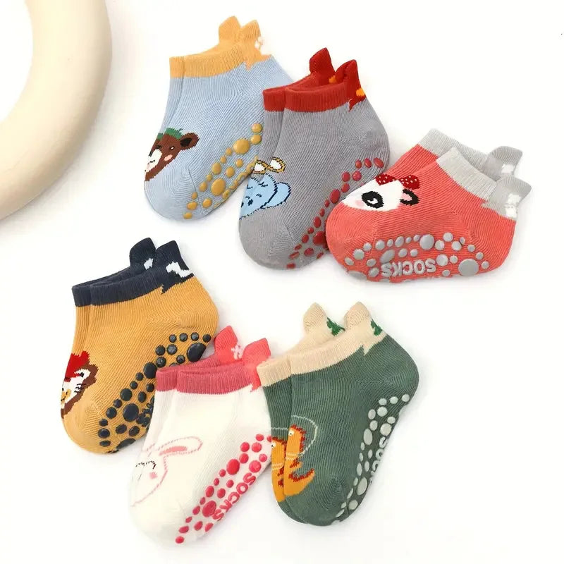 Kids 6 Pairs Cotton Socks Cute Cartoon Animal Pattern Comfy Breathable Baby Non-slip Floor Socks