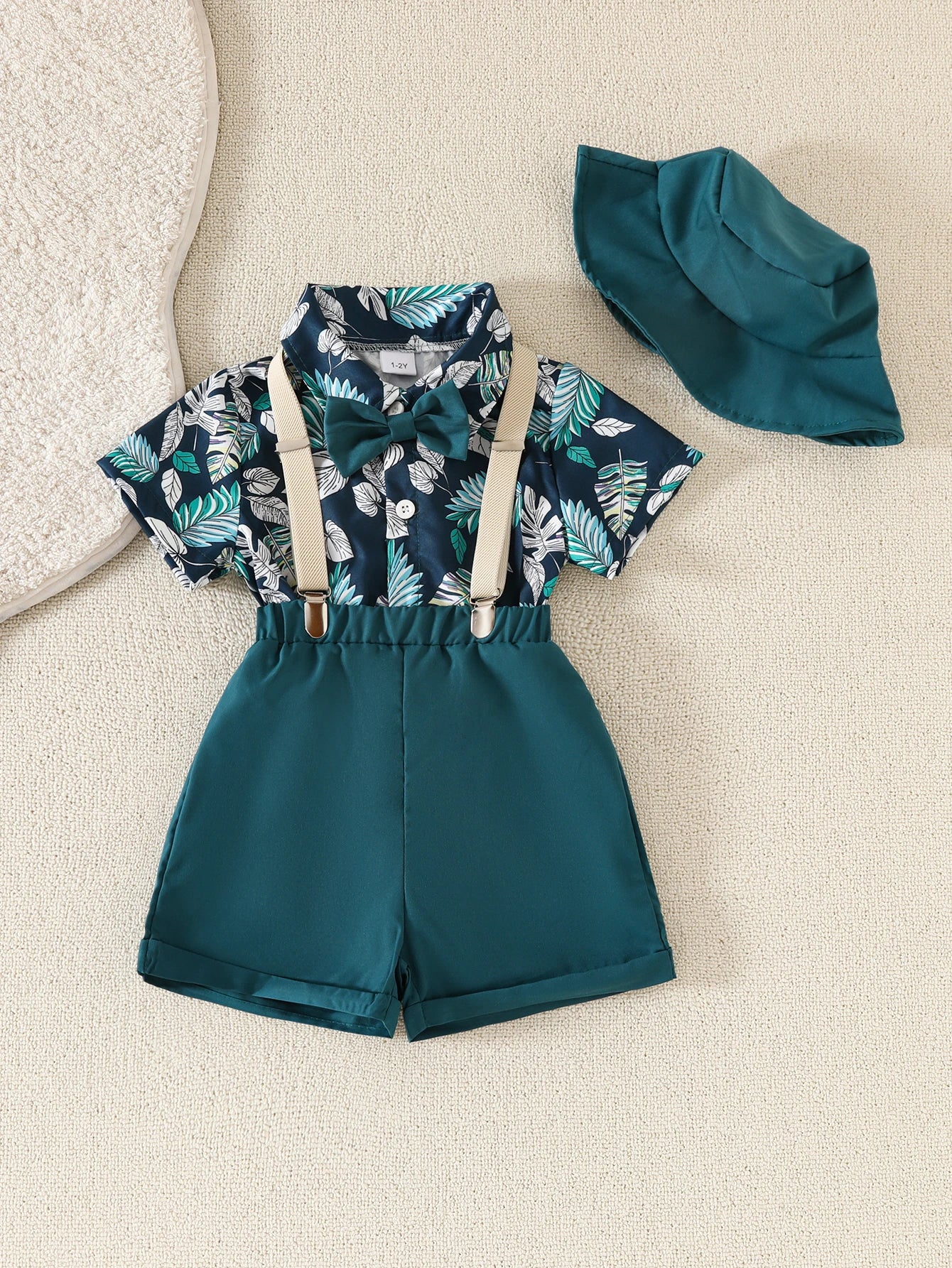 Baby boy spring and summer beach vacation set with maple leaf print top, short sleeves, shorts, hat, and belt – 4 pieces
