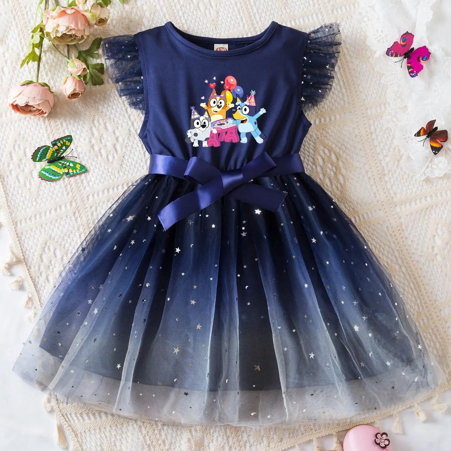 Bluey Girls Sequin Tutu Dress with Bow Flutter Sleeves Summer Princess Party Outfit for Toddler Kids 2-6 Years