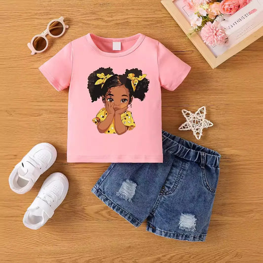 Aby Boys and Girls Summer Hot Painted Round Neck Short-sleeved Top Girls Just T-shirts. Shorts not included