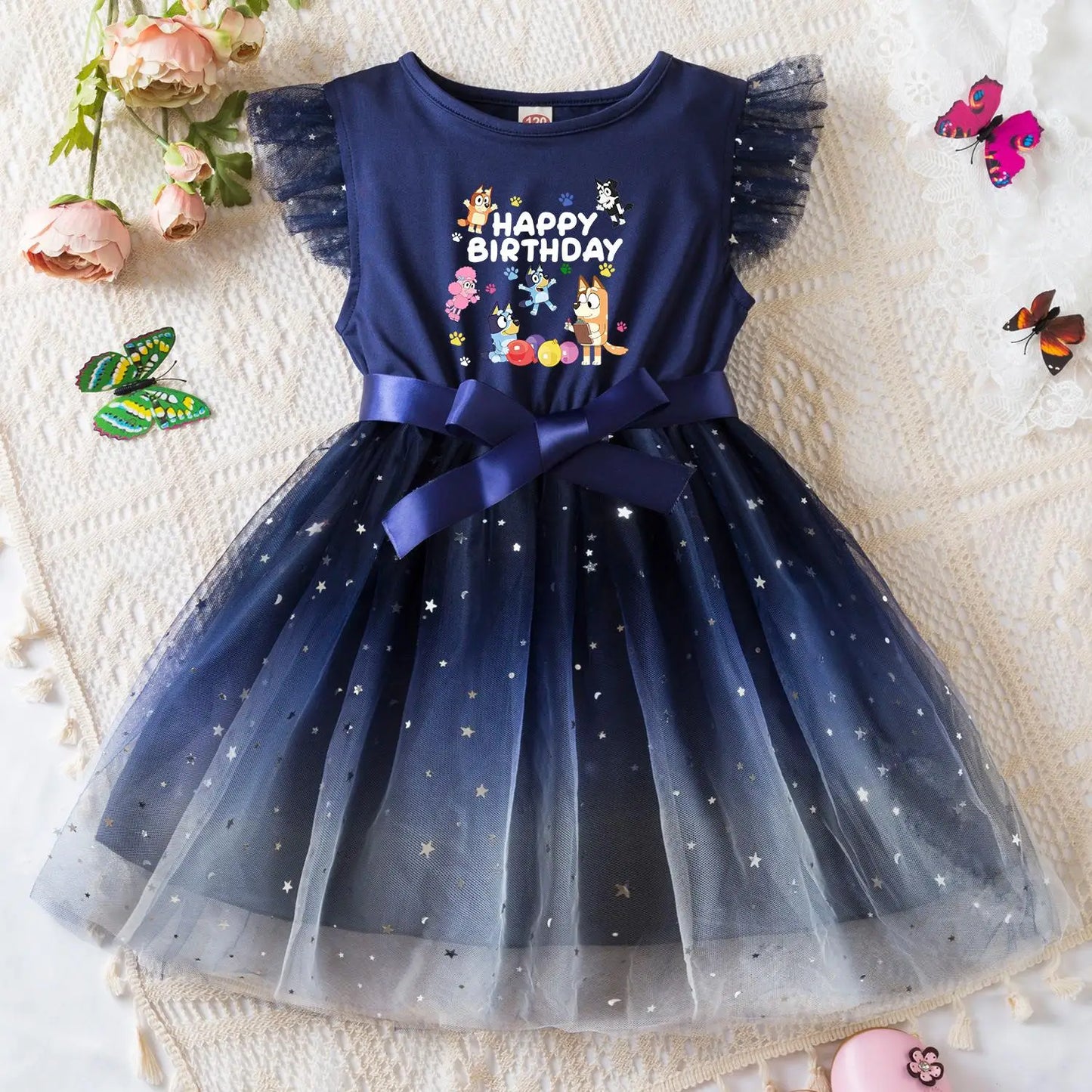 Bluey Girls Sequin Tutu Dress with Bow Flutter Sleeves Summer Princess Party Outfit for Toddler Kids 2-6 Years