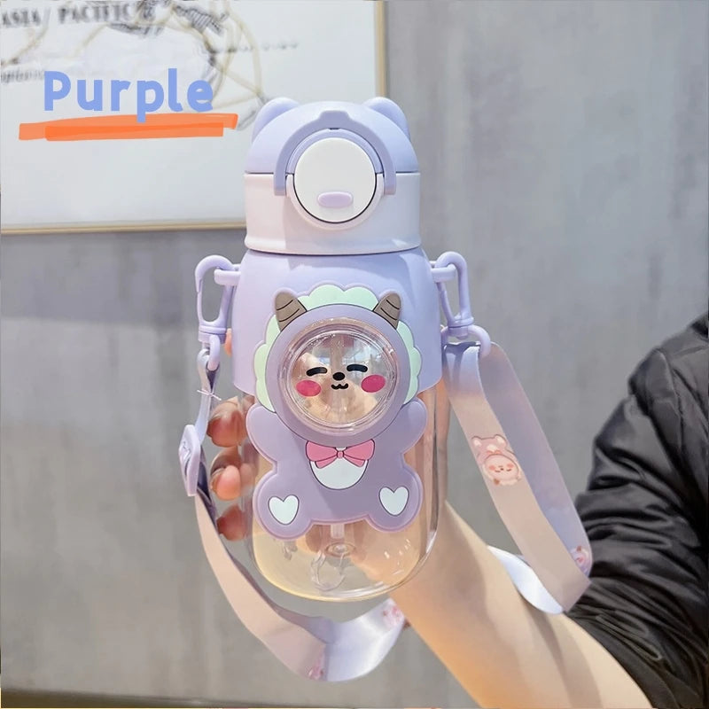 660ml Portable Cartoon Animal Leak-proof Water Bottle Safety Lock Cute Straw Cup Kids Drinking Jug For Outdoor Camping Travel