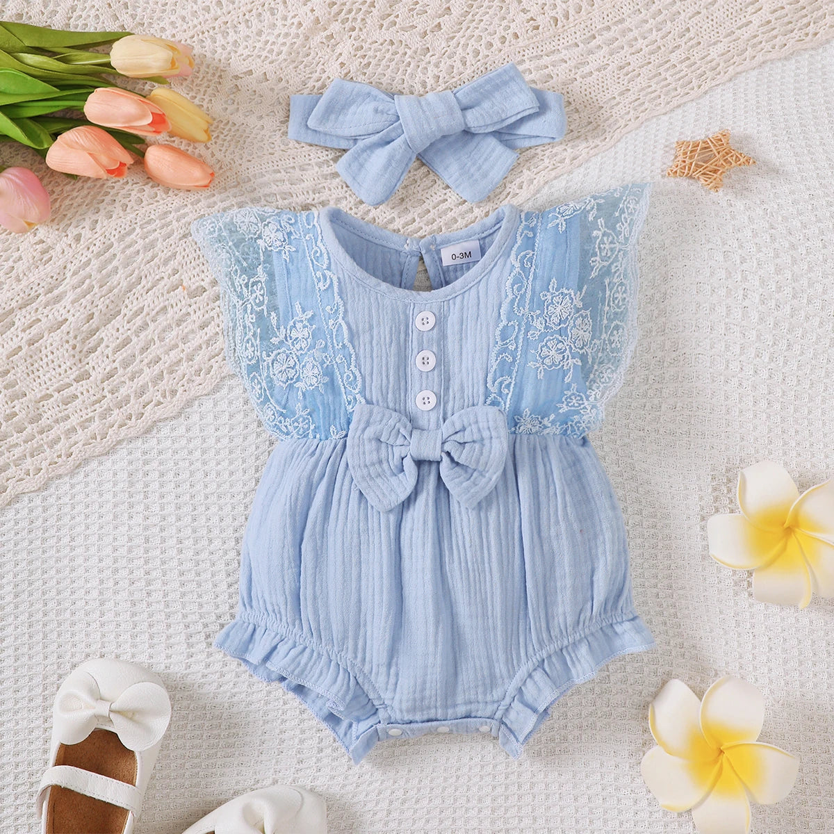 0-18 Months Old Newborn Solid Color Sleeveless Round Neck Lace Edge Bow Romper+Headband Baby Girl Summer New Casual Jumpsuit