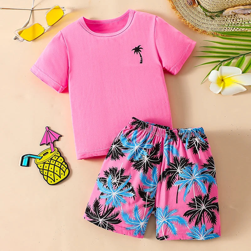 Children's summer leisure sports printed short sleeved shorts set, boys and girls vacation style fashionable T-shirt pants