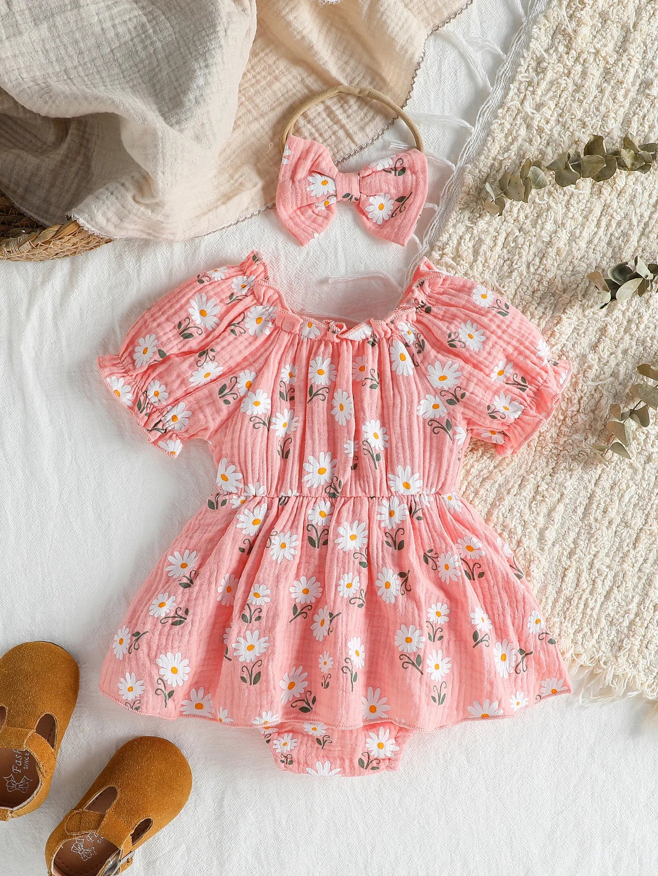 Summer Newborn Soft  Cotton Pink Baby Girls Rompers Dress Daisy Print Short Sleeve Jumpsuits Clothes Bodysuits +Headband