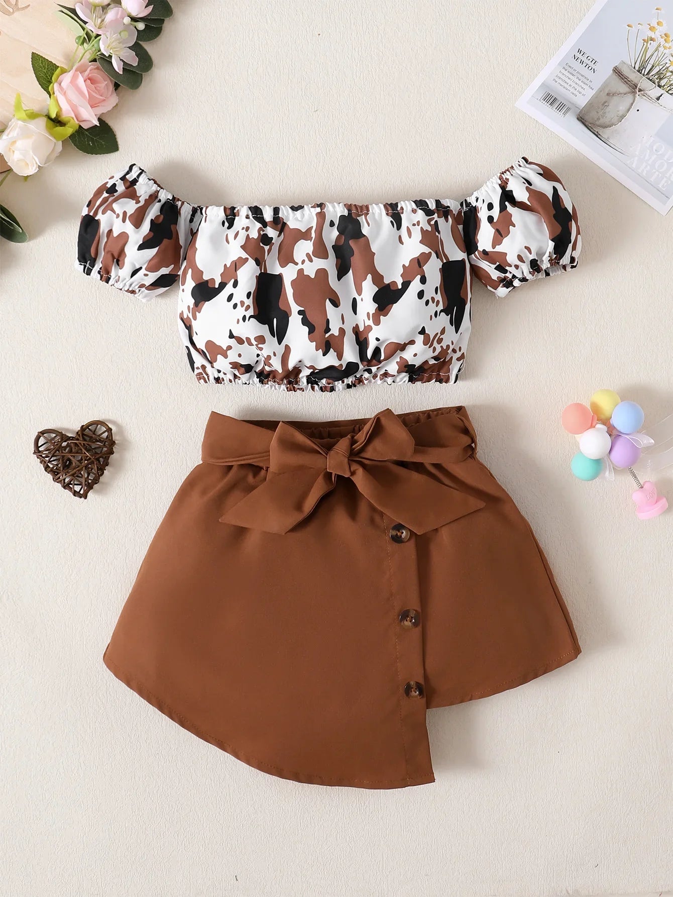 Toddlers Girl Summer Clothes Set Off Shoulder Leopard Print Top+Short Skirt with Bow Birthday Party Wear for Kids 1-4 Years