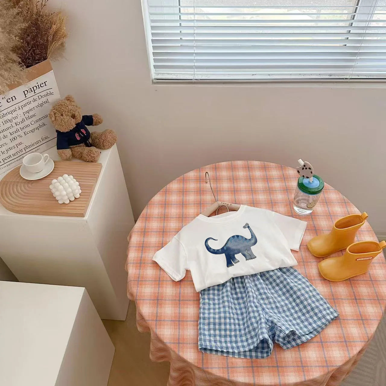 Baby Clothes Set Newborn Boys Casual Dinosaur Print Short Sleeved T-shirt+plaid Shorts Toddler Girl Summer Kids Outfit Set