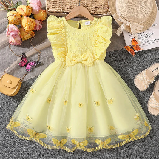 Dress For Girls Yellow O-Neck Fly-Sleeve Tulle Bowknot 8-12 Years Summer Elegant Sweet Style Princess Dress kids Clothing