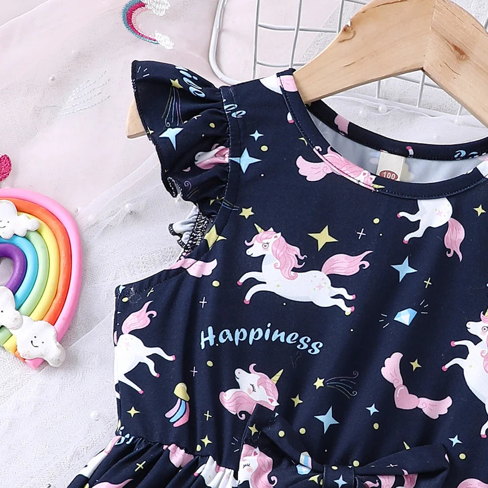Girls' Summer Cartoon Unicorn Rainbow Printed Dress