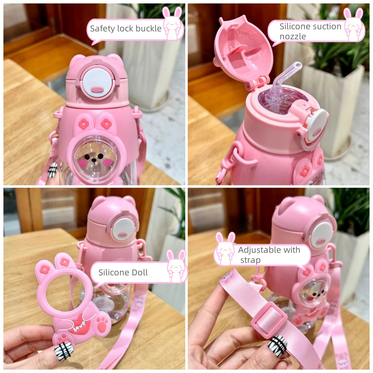 660ml Portable Cartoon Animal Leak-proof Water Bottle Safety Lock Cute Straw Cup Kids Drinking Jug For Outdoor Camping Travel