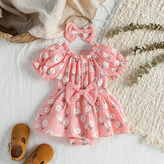 Summer Newborn Soft  Cotton Pink Baby Girls Rompers Dress Daisy Print Short Sleeve Jumpsuits Clothes Bodysuits +Headband