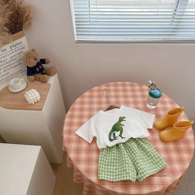 Baby Clothes Set Newborn Boys Casual Dinosaur Print Short Sleeved T-shirt+plaid Shorts Toddler Girl Summer Kids Outfit Set