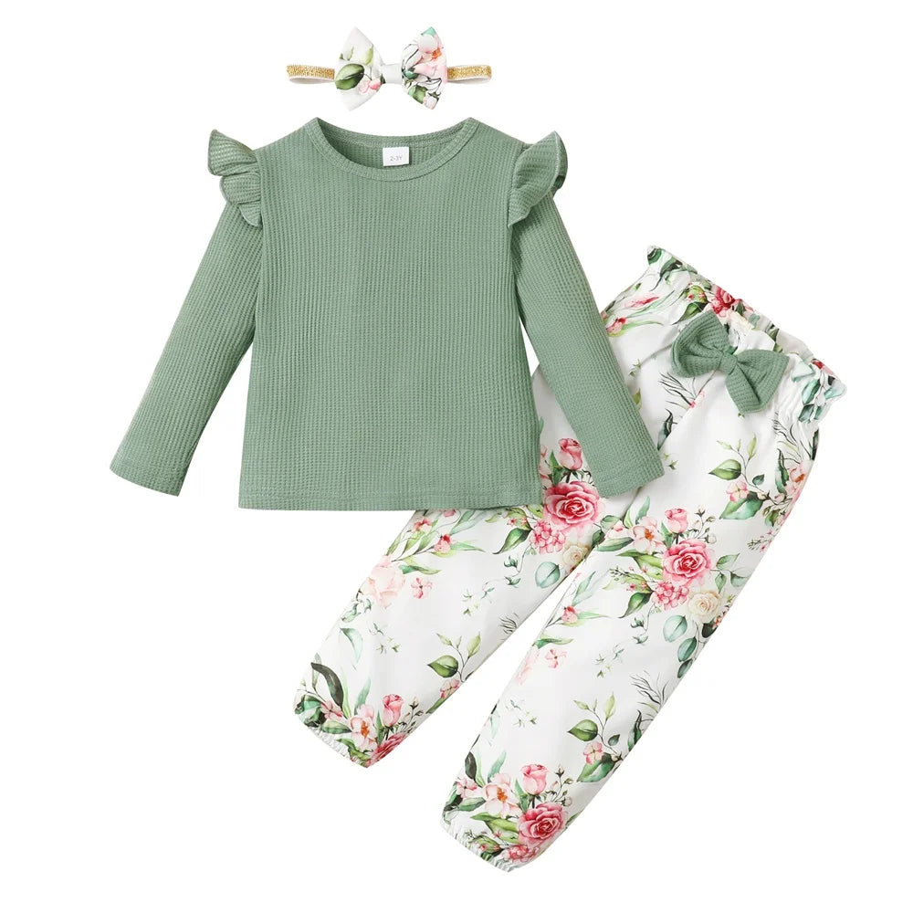 Toddler Girl Clothes Set Long Sleeve Solid Color Top+Floral Pants  Fashion Spring & Autumn Little Girl Clothing Outfit