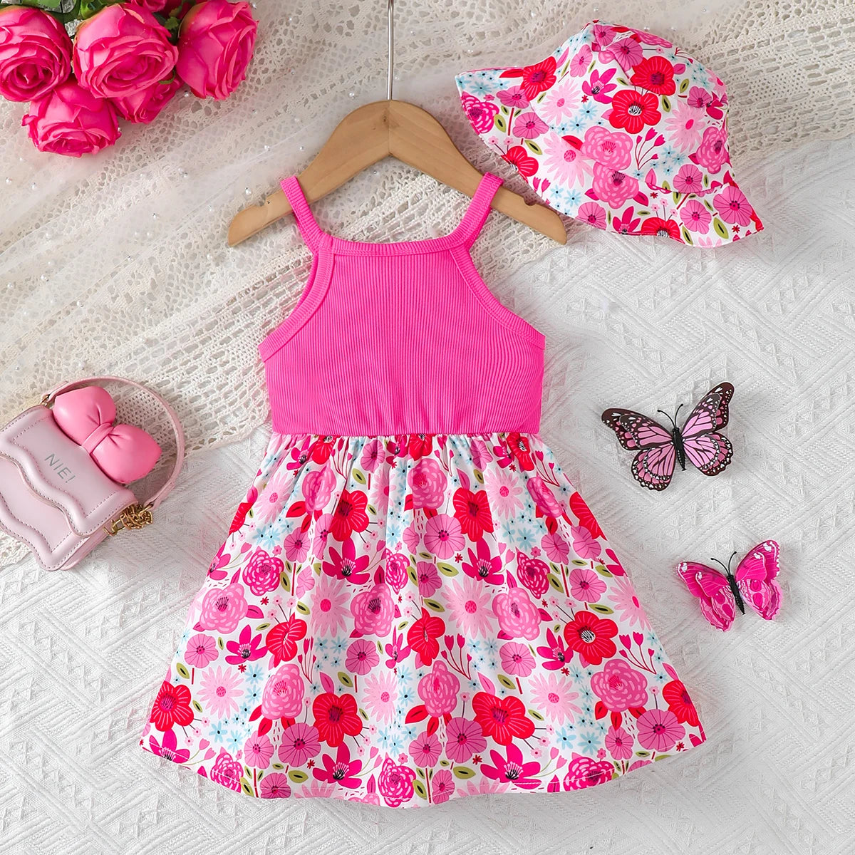 Summer Baby Girl Dress Sleeveless Bow Flower Dress+Hat 0-3 Year Old Toddler Baby Girl Beach Vacation Casual Dress