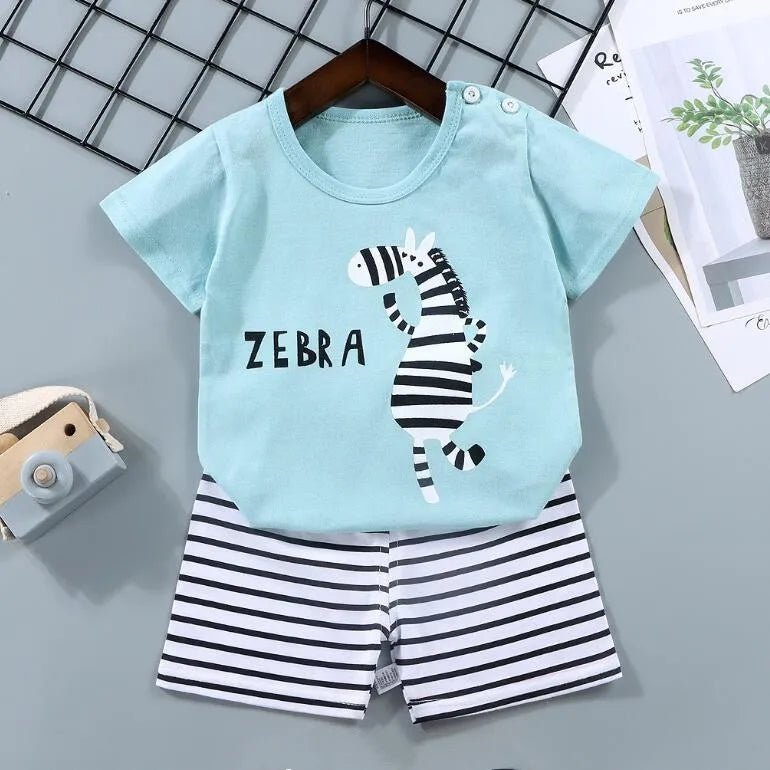 Kid Boy Summer Short Sleeves Tees+Stripe Shorts 2-piece Clothes Set Cartoon Zebra Print Soft Cotton Sports Casual Suit 1-6 Years
